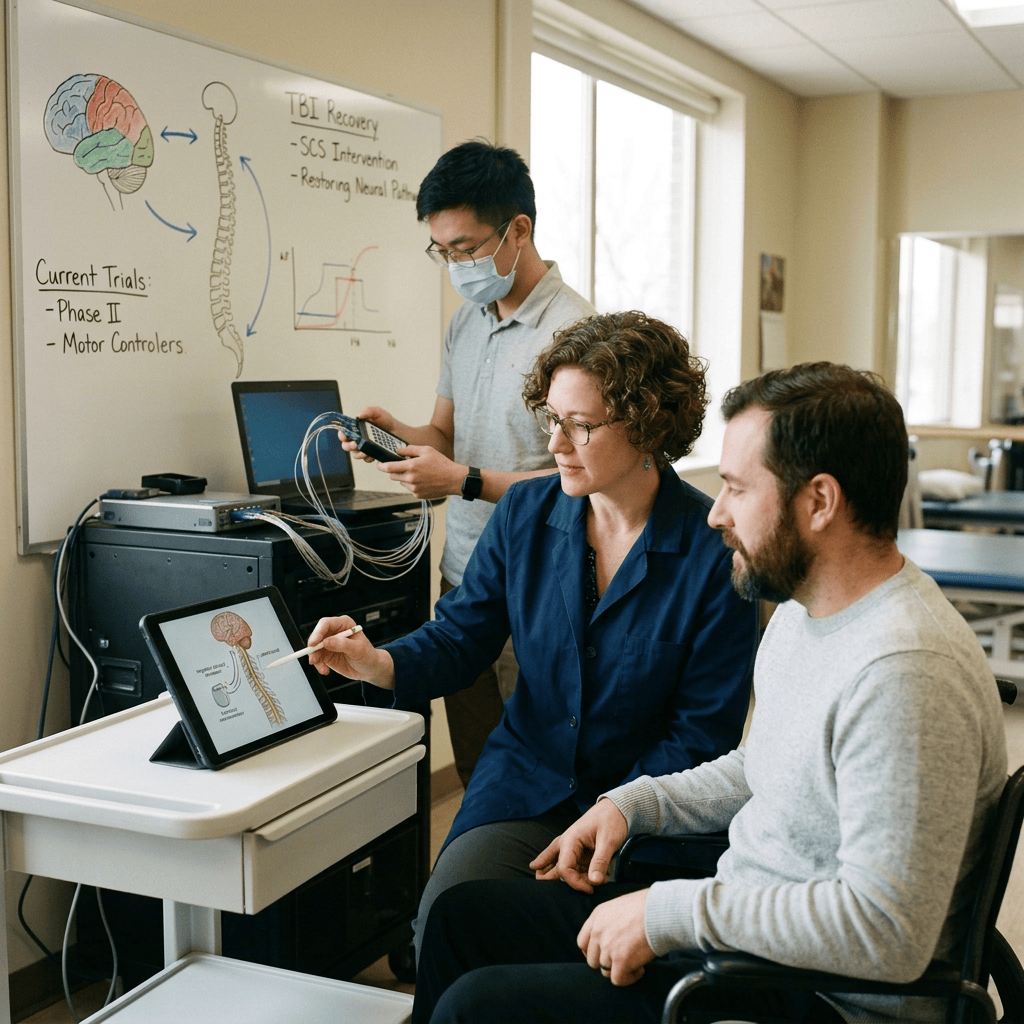 Researchers demonstrate neural monitoring equipment on a mannequin beside a seated participant.